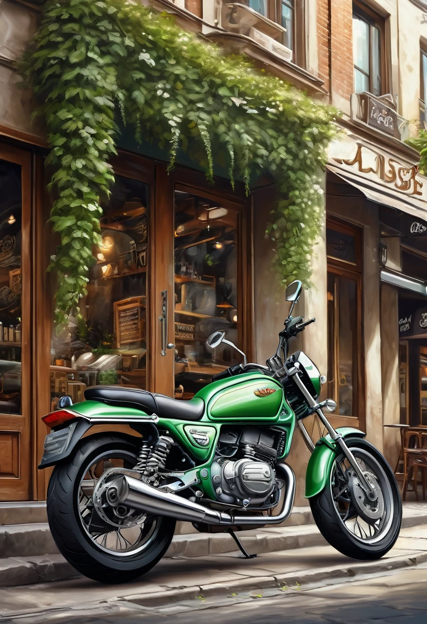 
                ( perfect anatomy )masterpiece, Beautiful detailed fresh and elegant aesthetic style airbrush digital oil painting beautiful artwork to create a fresh morning coffee shop scene photo，an electric motorcycle(Novel style，Unique)Closeup motorcycle( perfect anatomy ) Parked elegantly on the street next to the coffee shop.Coffee shop scene green plant masterpiece, Highly detailed, photo-realistic original photos, The best film quality, extremely delicate texture, high-quality works of art masters 
         

            

                