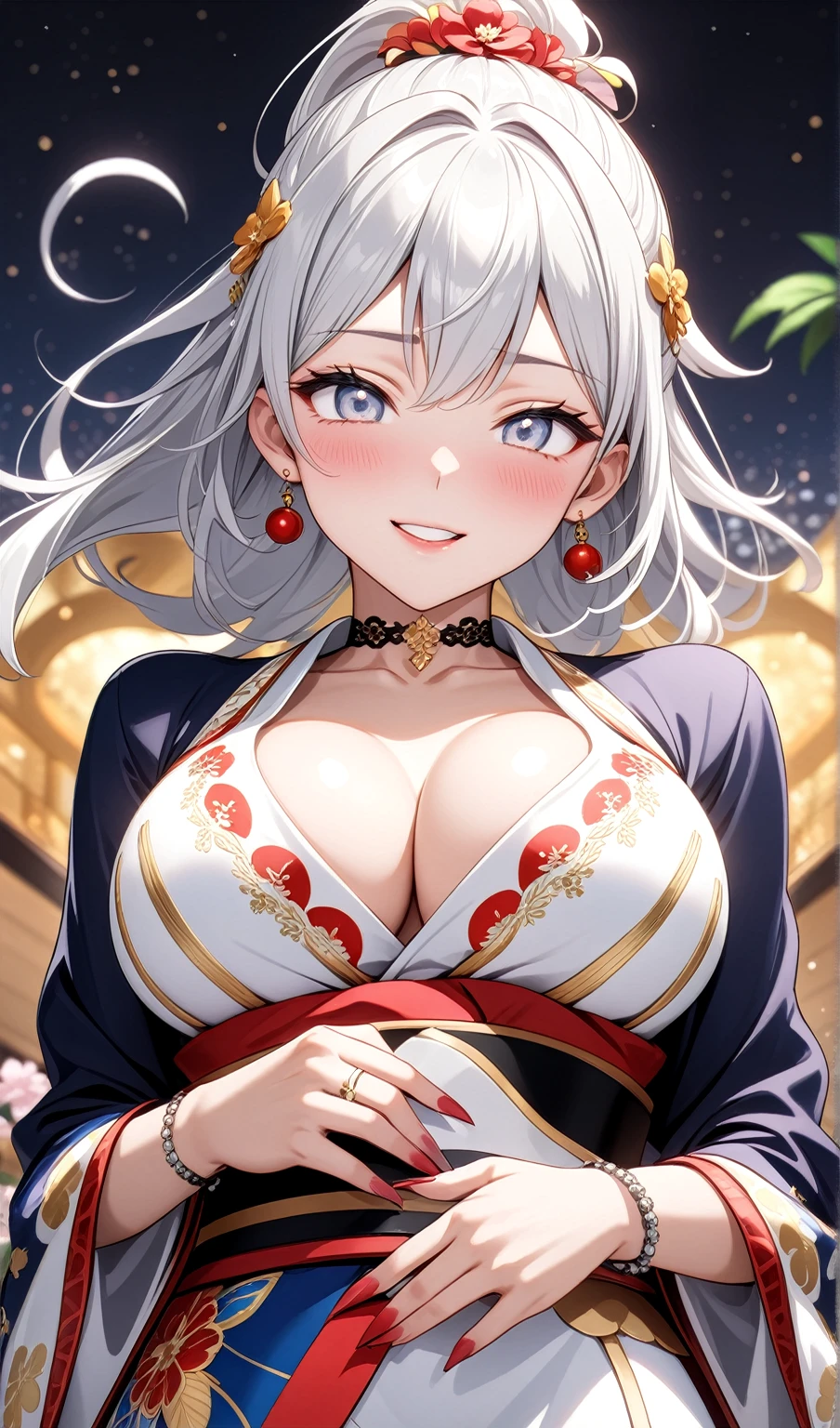 ((One personの女性)), Beautiful Face, Laughing embarrassedly, (laugh:1.2),((Wink:1.9)), (head tilt:1.3), Laugh with your mouth wide open, upper teeth, looking at viewer, ((full-face blush:1.6)),Glossy Red Lips, Night view, On a luxury hotel bed, ((on back :1.8)), Glossy red lips, Shining Face, ((Anime style background)),masterpiece, Highest quality, so beautiful,up to date, Complex details, (Pink sharp claws),(ring),(bracelet),(Floral choker),AI-generated, Complex,High resolution, Highest quality, super high quality,3D Images、3D Images, One person, Long white hair, High Ponytail, Anime woman posing for a photo, (blue eyes), ((Fine grain、Silvery white, lightly pigmented eyes、Shining Eyes:1.3)), (Squint your eyes:1.1),a hyperRealistic , hyperRealistic , Realistic,Anime woman with long white hair, Smooth anime CG art, ((A woman in a colorful kimono with gold embroidery)), ((Black long-sleeved kimono 1.3)),(Red floral pattern),Long flower hair ornament,Earrings,Mature Body,aldult,(Big Breasts:1.1),Tall,Abdominal muscles,Tight waist, (front view),