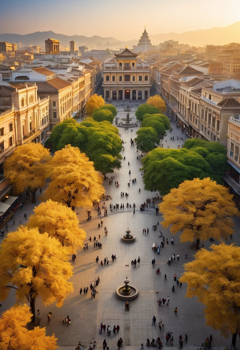 ancient city at dusk,A fascinating scene where untouched nature meets humans; A bustling multicultural city square, The leaves turn gold at sunset, Symbolizing the enduring power of nature in modern society, Awe and admiration spread throughout the world