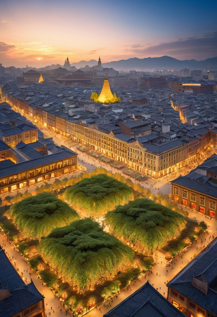 ancient city at dusk,A fascinating scene where untouched nature meets humans; A bustling multicultural city square, The leaves turn gold at sunset, Symbolizing the enduring power of nature in modern society, Awe and admiration spread throughout the world
