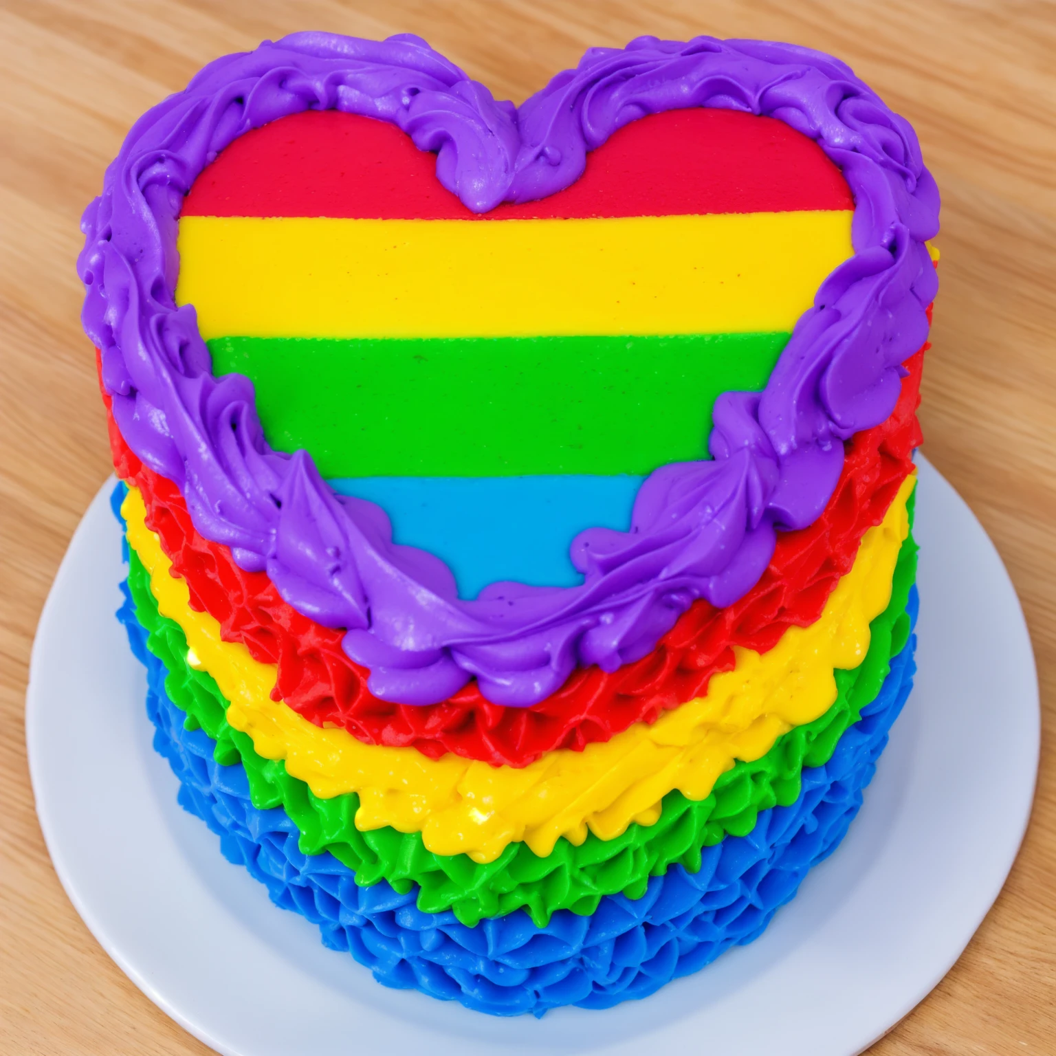 on a wooden table, there is a white plate with a heart cake , rainbow cream heart cake ( star shaped) , multi-colored heart on top, decorated with purple cream, cream with highlights, view from above, Beautiful light from the window, beautiful lighting, bright announcement, Multiple light sources, Realistic style, realistic textures, high quality, high detail, detailed textures, ultra 4k hd, macro photography
