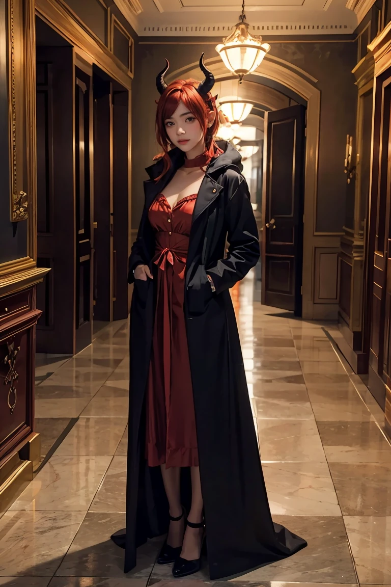 4k, 8k, masterpiece, best quality, upper body, 1girl, looking at viewer, red hair, medium hair, purple eyes, demon horns, black coat, indoors, dimly lit, the age of the actress is 23 years old, open bust, full body, red skin tiefling,