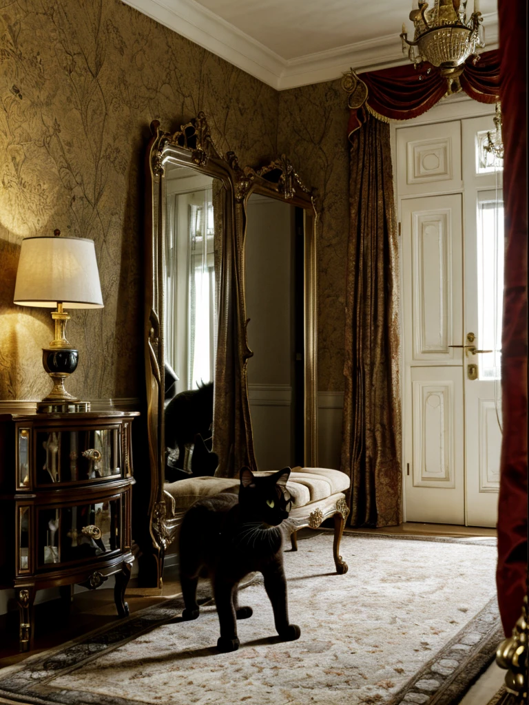 Highly detailed image as realistic as possible. The central element of the image is a Moscow apartment, the setting of which corresponds to the sixties of the twentieth century. In the center of the room there is a large oval mirror on a stand., capable of rotating around a central axis horizontally. There is a big black cat in front of the mirror, as tall as an average person, standing on its hind legs. The cat drinks coffee: he has a cup of drink in his right front paw, and he takes a sip, and in the left front paw there is a saucer. The cat is turned half-turn towards us, and we see his reflection in the mirror. Cat without clothes, completely black, very well-fed, not fat, with shiny fur. Cunning facial expression. The interior of the room contains items typical of the sixties: furniture, wallpaper, Lights, books and other items, which add the atmosphere of time and place.