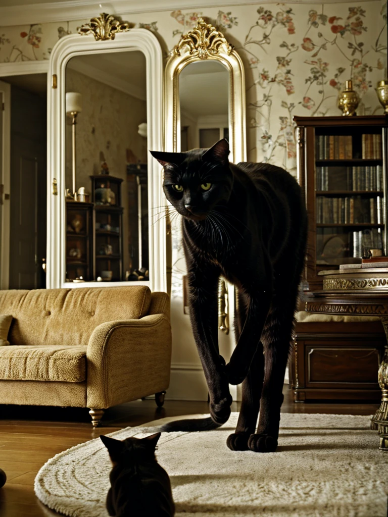 Highly detailed image as realistic as possible. The central element of the image is a Moscow apartment, the setting of which corresponds to the sixties of the twentieth century. In the center of the room there is a large oval mirror on a stand., capable of rotating around a central axis horizontally. There is a big black cat in front of the mirror, as tall as an average person, standing on its hind legs. The cat drinks coffee: he has a cup of drink in his right front paw, and he takes a sip, and in the left front paw there is a saucer. The cat is turned half-turn towards us, and we see his reflection in the mirror. Cat without clothes, completely black, very well-fed, not fat, with shiny fur. Cunning facial expression. The interior of the room contains items typical of the sixties: furniture, wallpaper, Lights, books and other items, which add the atmosphere of time and place.