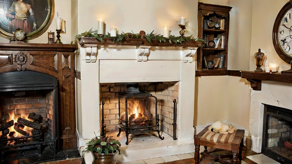 A close-up view of a traditional brick fireplace in an old European house, featuring an intricately designed apron. The fireplace is lit with a cozy, crackling fire, casting a warm, inviting glow. The room is dimly lit, emphasizing the flickering light of the fire and the soft glow of several candles placed around the room. The fireplace is adorned with antique accessories, including a brass firewood holder, iron tools, and a mantel decorated with porcelain figurines and a vintage clock. The stone walls and wooden paneling of the room enhance the historic European ambiance. Heavy drapes partially cover the large windows, allowing only a hint of the night outside. The scene exudes warmth and old-world charm.