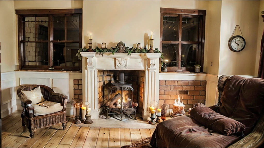 A close-up view of a traditional brick fireplace in an old European house, featuring an intricately designed apron. The fireplace is lit with a cozy, crackling fire, casting a warm, inviting glow. The room is dimly lit, emphasizing the flickering light of the fire and the soft glow of several candles placed around the room. The fireplace is adorned with antique accessories, including a brass firewood holder, iron tools, and a mantel decorated with porcelain figurines and a vintage clock. The stone walls and wooden paneling of the room enhance the historic European ambiance. Heavy drapes partially cover the large windows, allowing only a hint of the night outside. The scene exudes warmth and old-world charm.
