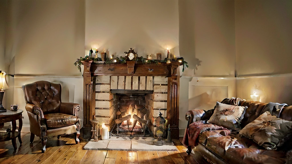 A close-up view of a traditional brick fireplace in an old European house, featuring an intricately designed apron. The fireplace is lit with a cozy, crackling fire, casting a warm, inviting glow. The room is dimly lit, emphasizing the flickering light of the fire and the soft glow of several candles placed around the room. The fireplace is adorned with antique accessories, including a brass firewood holder, iron tools, and a mantel decorated with porcelain figurines and a vintage clock. The stone walls and wooden paneling of the room enhance the historic European ambiance. Heavy drapes partially cover the large windows, allowing only a hint of the night outside. The scene exudes warmth and old-world charm.