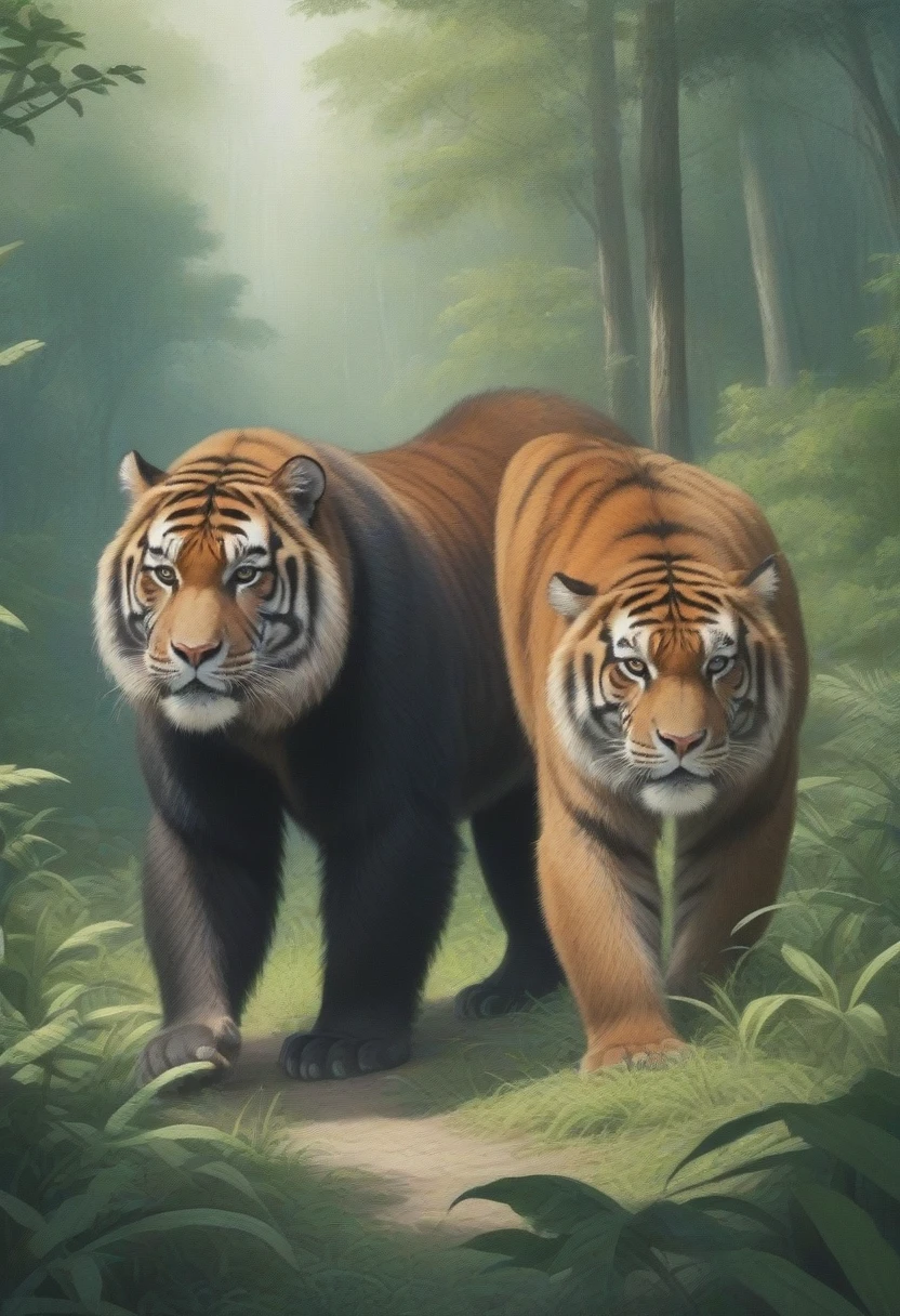 Please draw the following illustration: A tiger and a gorilla. The two animals are set against a forest background. A colorful, high-resolution image that looks like a photograph.