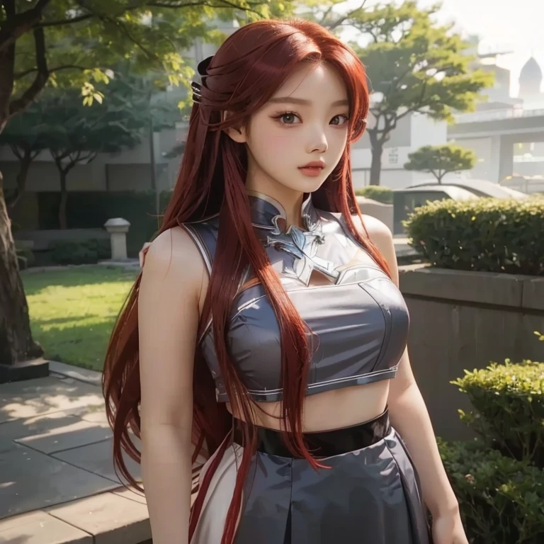 a woman with long red hair and a gray top posing for a picture, anime girl cosplay, anime cosplay, anime girl in real life, asian girl with long hair, japanese goddess, erza scarlet as a real person, anime girl with long hair, anime goddess, asuna yuuki, professional cosplay, attractive anime girl, anime character, red waist-long hair, korean face blackpink jennie, korean girl face, kpop girl
