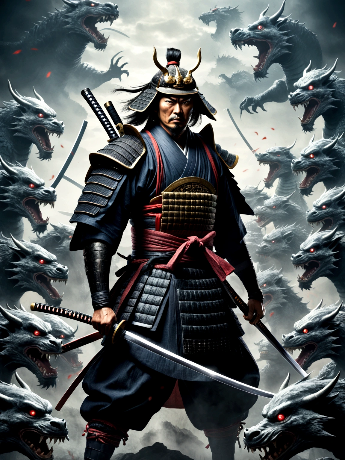 Approximately 20 years after the feudal era, A samurai with a katana wrapped in a sinister aura facing off against several menacing monsters ready to attack.
