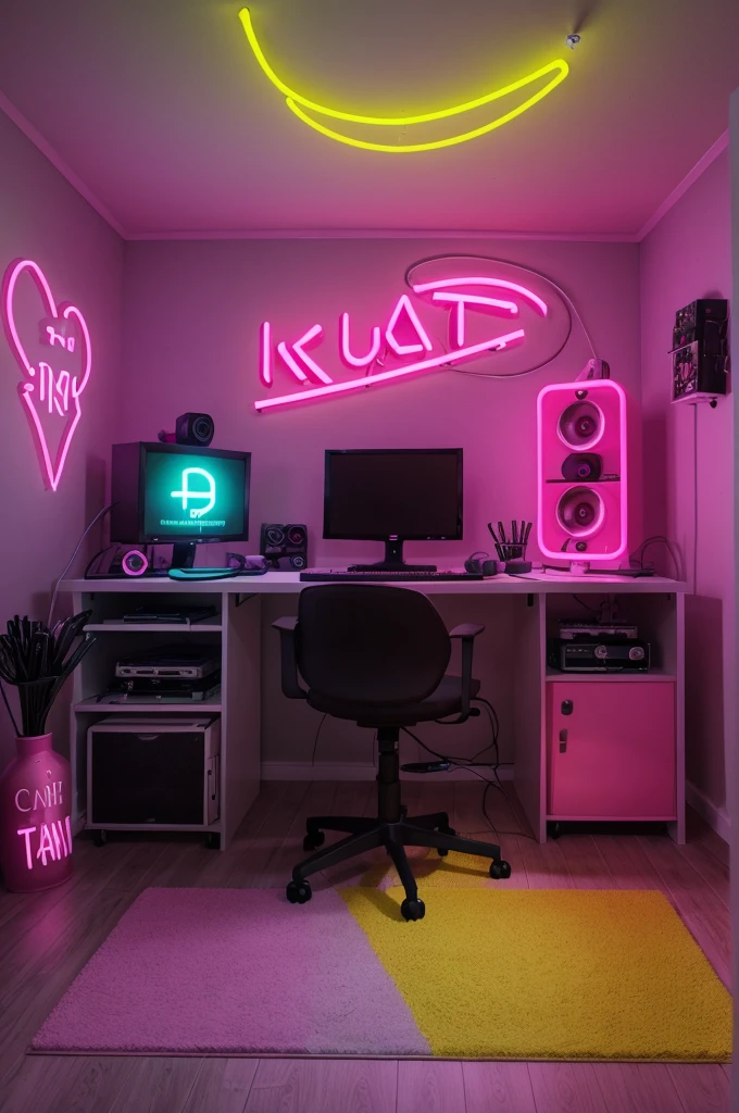 Create a create and image of a youtuber's studio room with a subtitle neon glow make as statement with bold "Rupam" lettering make sure the taxt is not mispelled