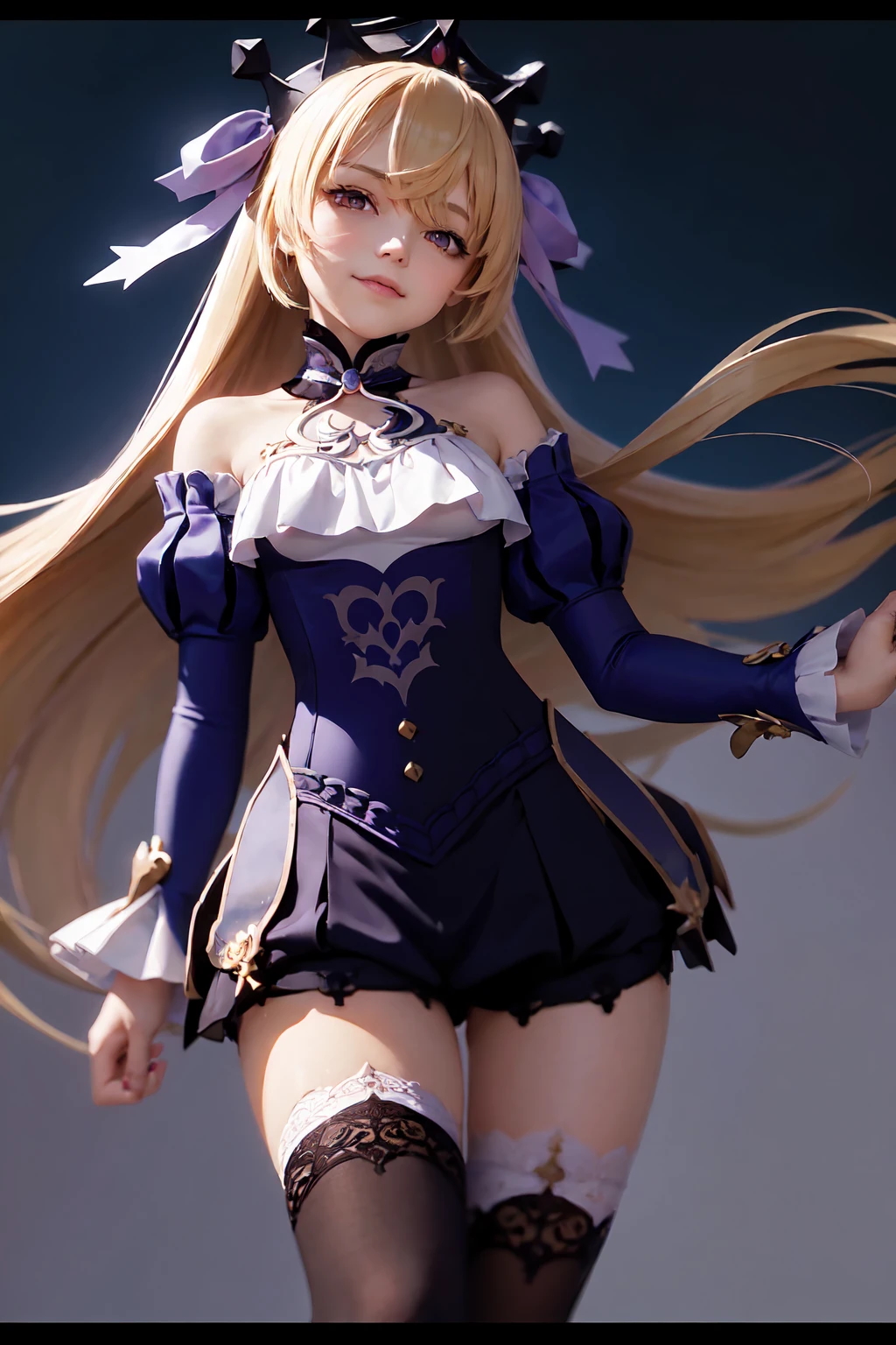 (Realistic painting style:1.1), masterpiece, best quality, absurdres, fischl (ein immernachtstraum) (genshin impact), red eyes, (white pupils:1.2), alternate eye color, fischl (genshin impact), detached collar, detached sleeves, official alternate costume, 1girl, solo, blonde hair, hair over one eye, tiara, dress, smile, long hair, thighhighs, bare shoulders, white thighhighs, long sleeves, looking at viewer, frills, ring, parted lips, purple dress, puffy sleeves, pantyhose, bangs, white pantyhose, single leg pantyhose, blush, juliet sleeves, breasts, hand up, ribbon, frilled sleeves, single thighhigh, jewelry night, outdoor, castle, moon, (large breasts:0.9)