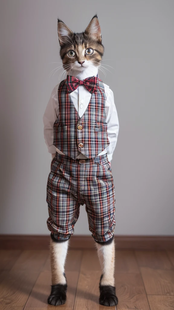“A high-resolution, full-body shot of a kitten standing on its hind legs like a human. The kitten is wearing a tartan check vest, a red bow tie, and checkered pants. The kitten has short legs and is standing upright in a front-facing position. The image should capture the intricate details of the kitten’s fur.”