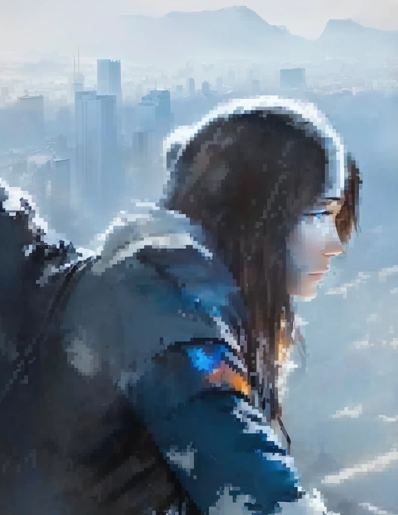 There is a woman standing on a snowy mountain with a backpack, Wearing headphones,Overlooking the city, Over the city, Bastien Grieve, cold, User Photos, Available images, jessica rossier color scheme, Backlit shot of a girl wearing a parka, Looking at the city, Inspired by Jessica Rossier, Girl standing on the mountain, , Overlooking the modern city