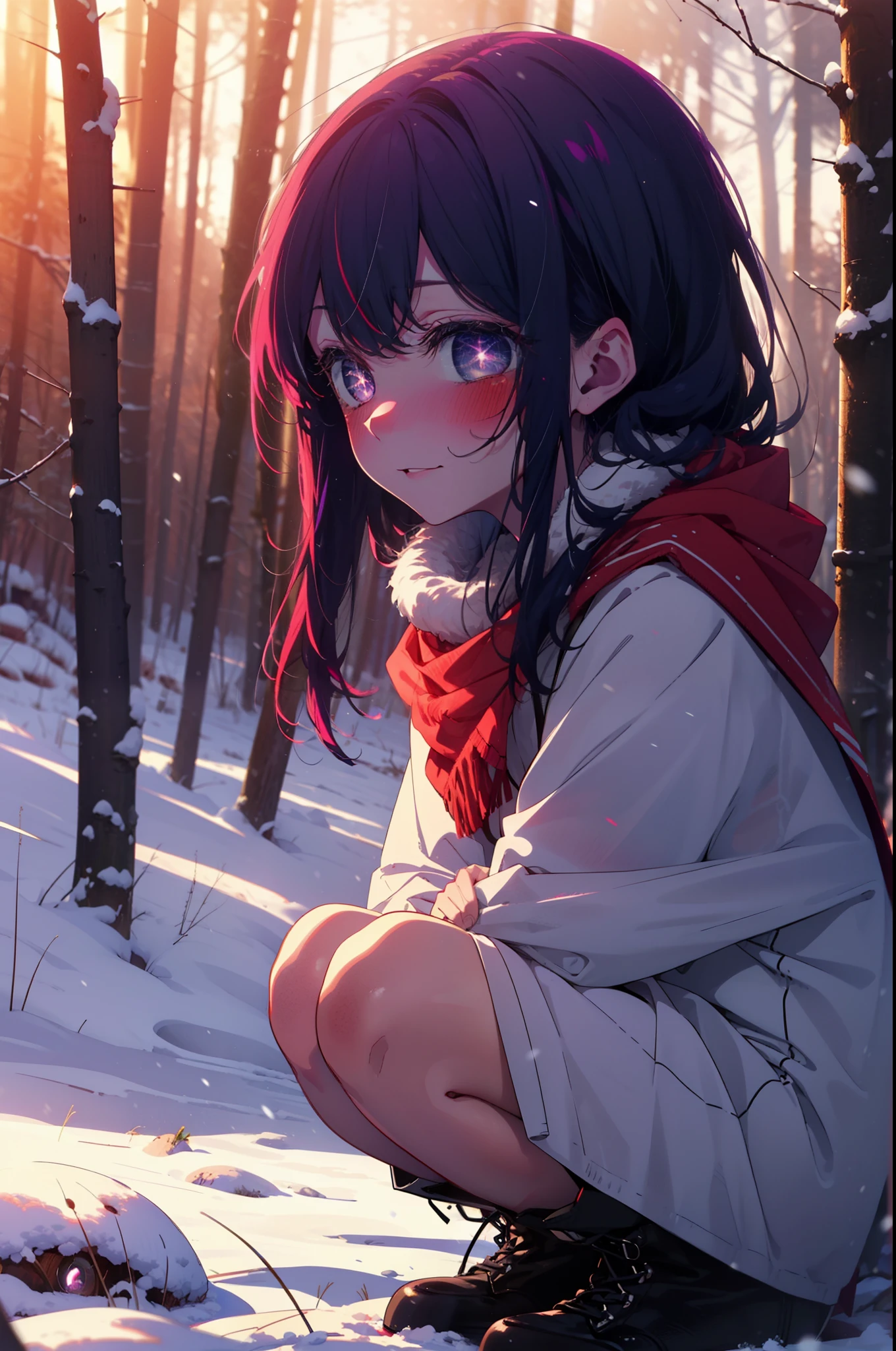 aihoshino, Ai Hoshino, Long Hair, bangs, (Purple eyes:1.1), Purple Hair, (Symbol-shaped pupil:1.5), smile,,smile,blush,White Breath,
Open your mouth,snow,Ground bonfire, Outdoor, boots, snowing, From the side, wood, suitcase, Cape, Blurred, , forest, White handbag, nature, Squat, Mouth closed, Cape, winter, Written boundary depth, Black shoes, red Cape break looking at viewer, Upper Body, whole body, break Outdoor, forest, nature, break (masterpiece:1.2), Highest quality, High resolution, unity 8k wallpaper, (shape:0.8), (Beautiful and beautiful eyes:1.6), Highly detailed face, Perfect lighting, Highly detailed CG, (Perfect hands, Perfect Anatomy),