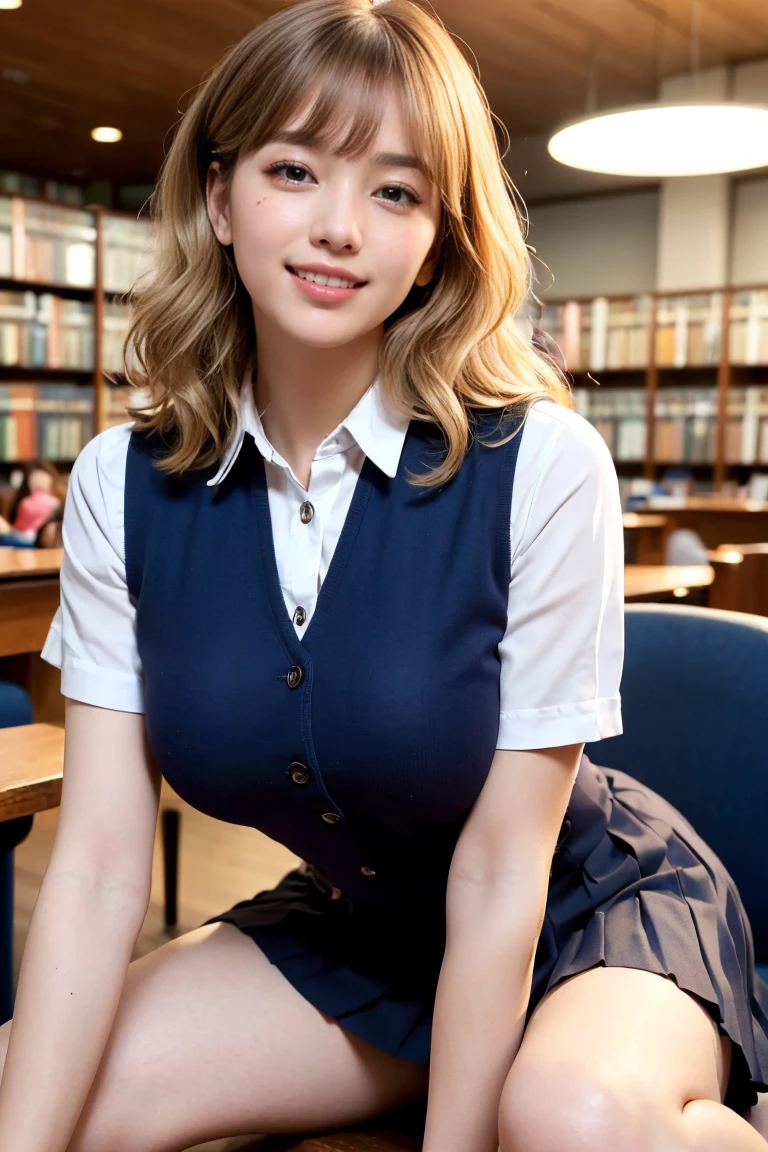 (((neat woman,Bright-eyed excitement,kind big smile,blush,blush,red cheek,please touch me,tempting viewer,i want you))),(all fours,all fours,hip higher),((((blush,red cheek)))),(cinematic lighting), (Photo real:1.4)、(A hyper-realistic:1.4)、(Photorealistic:1.3)、 (gentle lighting: 1.05)、(Improve the lighting quality of your video:0.9)、 32k、25years old woman、photorealistic lighting、Back lighting、Facial Lights、Ray Trace、(bright:1.2)、(Increase quality:1.4)、 (best quality real texture skin)、Fair eyes,delicate face、 Close-up of the face, ((Wearing the white collared shirt,navy vest-dress uniform,(no printed navy pleated skirt),high-heel),(Bodyline mood improvement:1.1)、Glossy skin、Korean Idol、Nogizaka Idol、good figure,perfect anatomy,Beautiful actress,(((beautiful huge breasts,slender waist,slender hip,long slender legs,8heads tall))),(((8heads tall))),(((blonde wavy hair,curtain bangs))),(((in the beautiful modern office of library,super clean night view,in the night))),