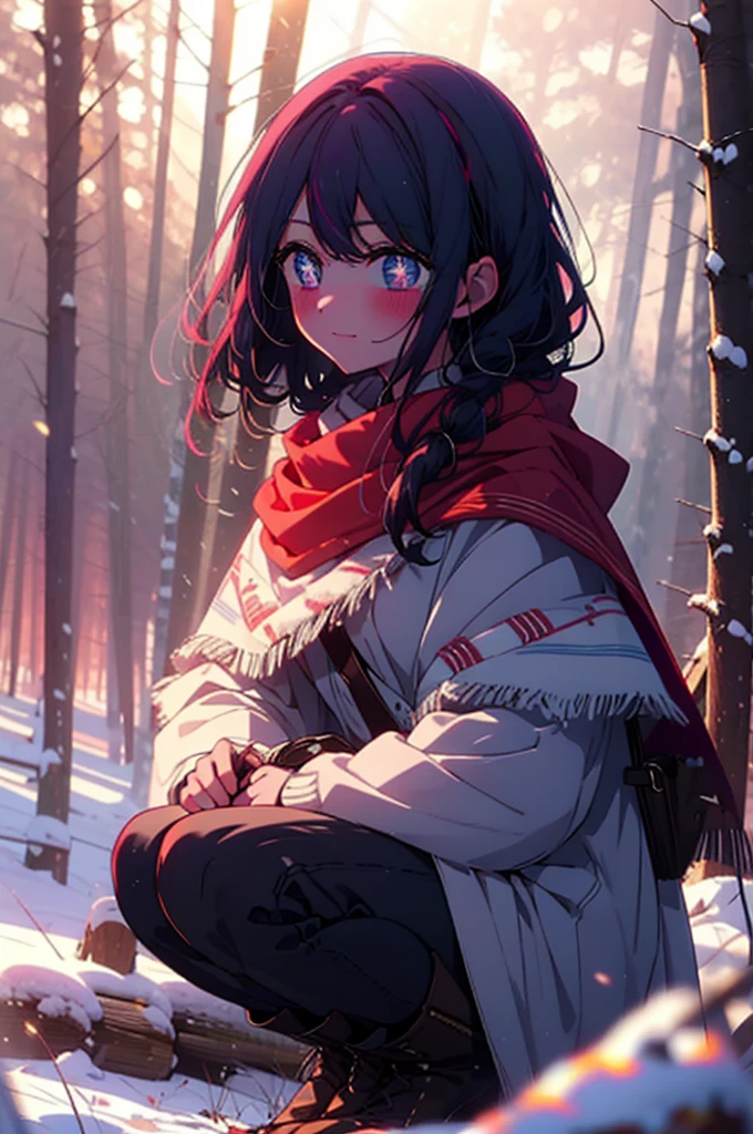 aihoshino, Ai Hoshino, Long Hair, bangs, (Purple eyes:1.1), Purple Hair, (Symbol-shaped pupil:1.5), smile,,smile,blush,White Breath,
Open your mouth,snow,Ground bonfire, Outdoor, boots, snowing, From the side, wood, suitcase, Cape, Blurred, , forest, White handbag, nature, Squat, Mouth closed, Cape, winter, Written boundary depth, Black shoes, red Cape break looking at viewer, Upper Body, whole body, break Outdoor, forest, nature, break (masterpiece:1.2), Highest quality, High resolution, unity 8k wallpaper, (shape:0.8), (Beautiful and beautiful eyes:1.6), Highly detailed face, Perfect lighting, Highly detailed CG, (Perfect hands, Perfect Anatomy),