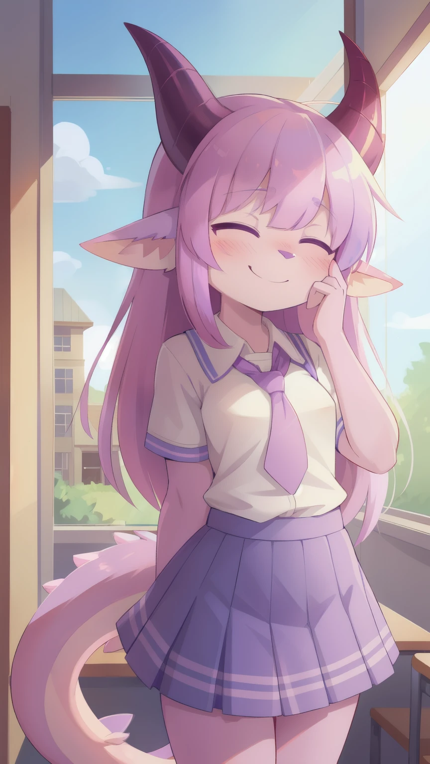 score_9,score_8_up,score_7_up, source_cartoon, source_furry, dragon girl, horns, tail, multicolored hair, pink hair, magenta hair, "close eyes", furry, blush, dragon tail, looking at viewer, smile, 1girl, dragon horns, pointy ears, emo hairstyle, long side hair, furry boy, :3, two tone body fur, lilac body fur, clear lilac body fur, ((school uniform, school shirt, blue skirt)), school, clear sky, standing,