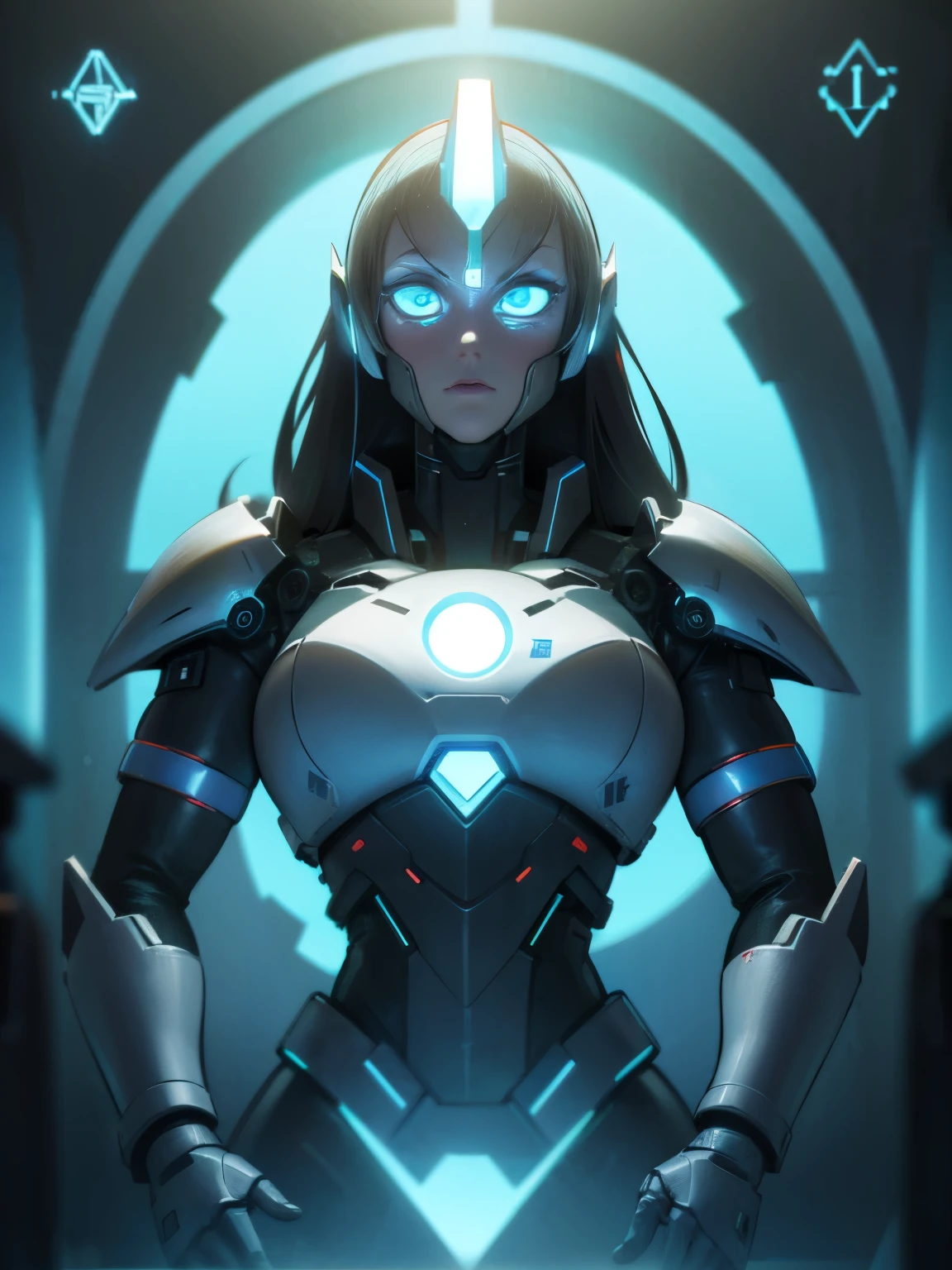 (best quality,4k,8k,highres,masterpiece:1.2),ultra-detailed,(realistic,photorealistic,photo-realistic:1.37),futuristic female cyborg,portrait style,metallic material,glowing blue eyes,sharp facial features,fierce expression,mechanical body parts,digitally enhanced long hair,futuristic armor,high-tech visor,powerful and confident stance,dystopian background,neon lights,colorful holographic projections,sci-fi lighting