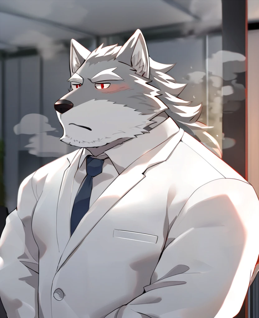 Wolf,personification,Mature male,Strong Man,Gray hair,naked,Want sleep,Red pupil,White eyebrows,White suit suit,Hands in pockets,The Age of Steam,office。