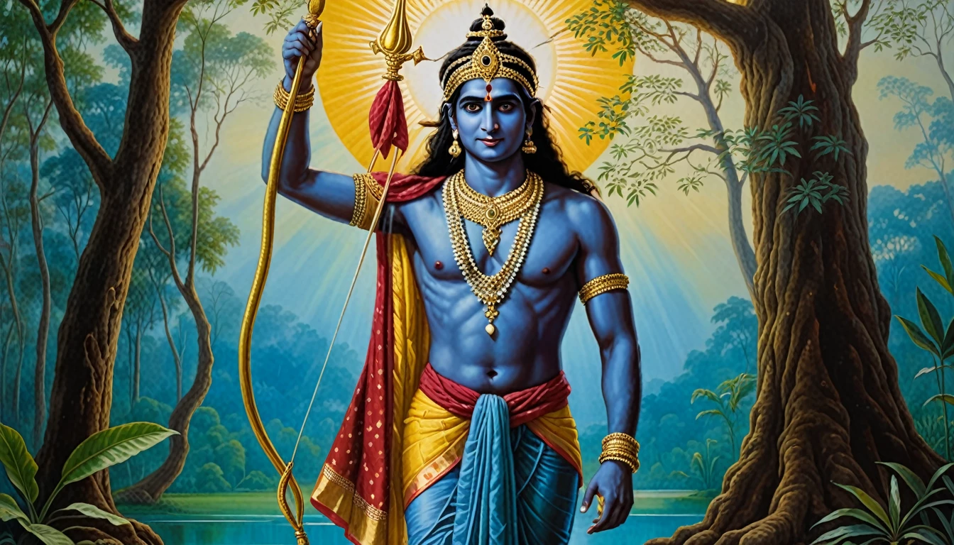 A breathtaking cinematic 16:9 widescreen portrait of Rama, the seventh avatar of Vishnu and the epitome of dharma from the Ramayana epic. Rama stands majestically in the center of the horizontal composition, shown in full-length from head to toe, occupying the middle third of the frame. His entire figure is visible, showcasing his noble posture and divine appearance. He appears as a regal Indian prince with smooth, blue-tinged skin symbolizing his divine nature, and long, black hair styled in a high jata-mukuta (matted hair crown). Rama wears a richly embroidered full-length yellow dhoti with a red silk scarf draped over his shoulders, adorned with intricate gold jewelry including a crown, necklaces, armlets, and anklets. His expression is serene and determined, embodying righteousness and strength. He holds his iconic bow, Kodanda, in his left hand and an arrow in his right, both at waist level. The wide aspect ratio allows for a panoramic view of a lush forest scene with ancient trees and a distant mountain on either side, while keeping Rama's full figure as the clear focal point. Soft, divine light surrounds him, emphasizing his godly aura from head to toe. The image style combines realistic details with the elegant aesthetics of classical Indian paintings, using a harmonious color palette dominated by blues, greens, and golds to create a visually stunning composition that captures Rama's full majesty. The scene evokes the period of his exile, blending the beauty of nature with his regal bearing