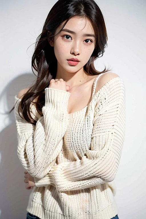 nice sweater,arm down、slim figure、a large bust、sexy girl model,Beautie,Beautiful eyes,Background Simple