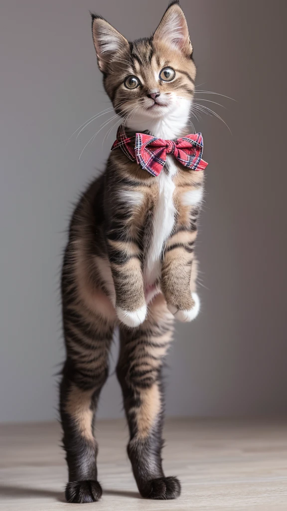 “A high-resolution, full-body shot of a kitten standing on its hind legs like a human. The kitten is wearing a tartan check vest, a red bow tie, and checkered pants. The kitten has short legs and is standing upright in a front-facing position. The image should capture the intricate details of the kitten’s fur.”