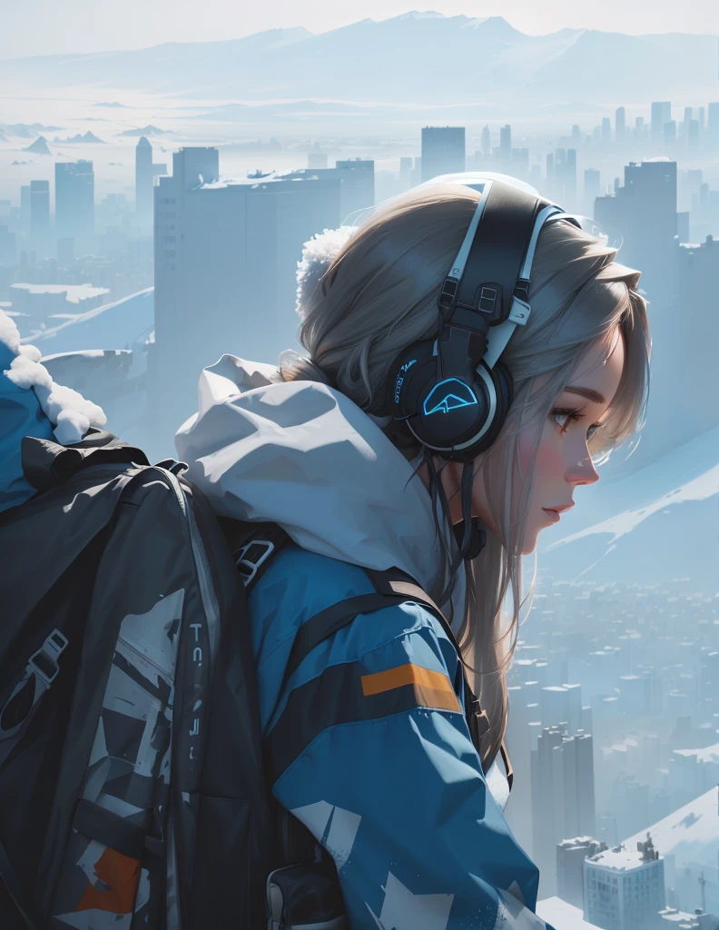There is a woman standing on a snowy mountain with a backpack, Wearing headphones，Overlooking the city, Over the city, Bastien Grieve, cold, User Photos, Available images, jessica rossier color scheme, Backlit shot of a girl wearing a parka, Looking at the city, Inspired by Jessica Rossier, Girl standing on the mountain, , Overlooking the modern city