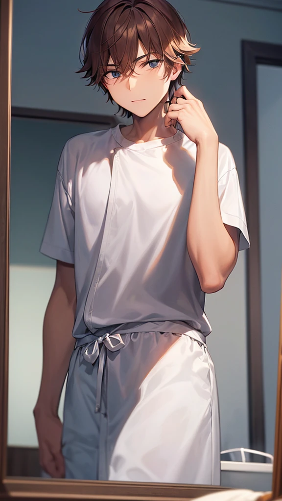 Un homme se brossant les dents devant un miroir.