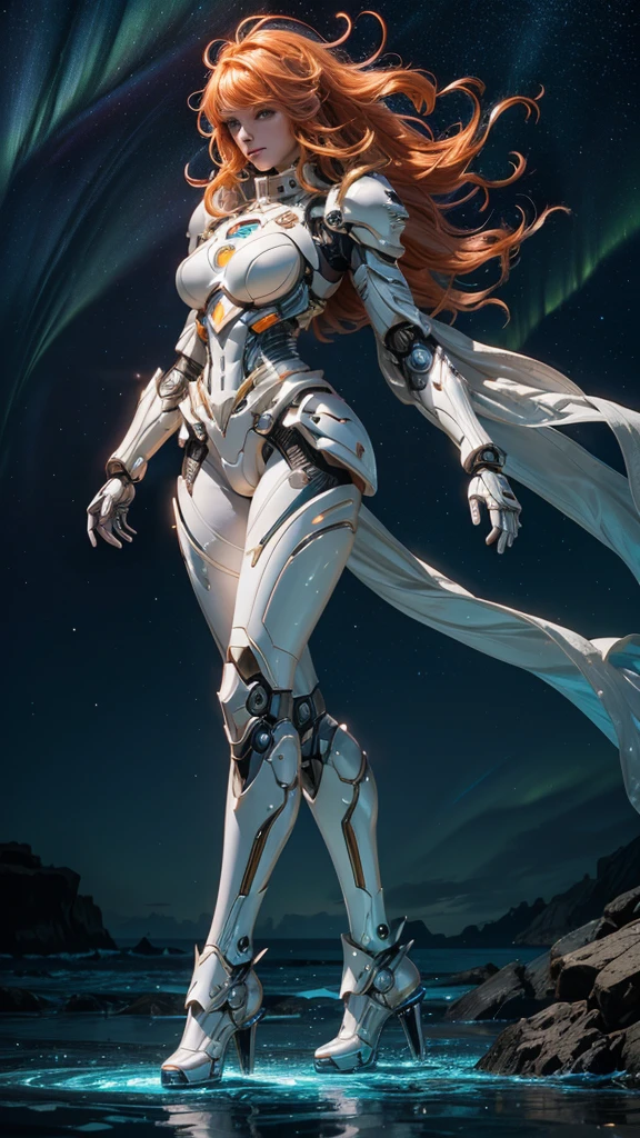 ((Best quality)), ((masterpiece)), ((awards winning photograph)), robot girl, ((extremely beautiful)), full makeups, orange wavy hair, epic hair details, ((realistic skin reflection details)), ((hair blown by the winds)), glowing pink eyes, slim body, ((white luminous mechanical armor)), ((glowing mechanical armor)), ((full body luminous mechanical armor)), ((epic luminous mechanical armor details)), android girl, perfect face, ((full body shown)), night at beach, full of stars, aurora borealis, nebula skies, shooting stars, cinematic light, epict lights details, ((symmetrical pose)), from below.