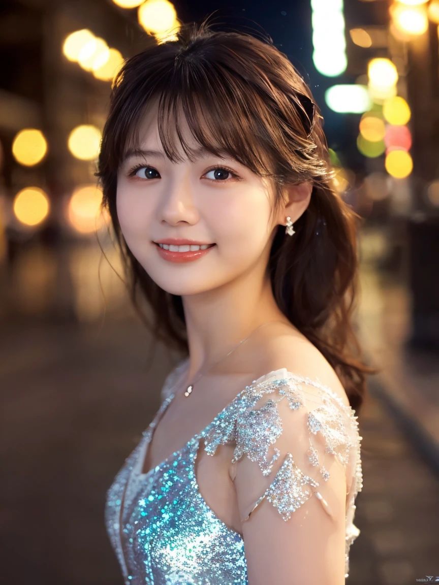 1 Girl, (Wearing a white glitter dress:1.2), (RAW Photos, Highest quality), (Realistic, Photorealistic:1.4), Tabletop, Very delicate and beautiful, Very detailed, 2k wallpaper, wonderful, finely, Very detailed CG Unity 8K wallpaper, Very detailedな, High resolution, Soft Light, Beautiful detailed girl, Very detailed目と顔, Beautiful and detailed nose, Finely beautiful eyes, Cinema Lighting, City lights at night, Perfect Anatomy, Slender body, smile