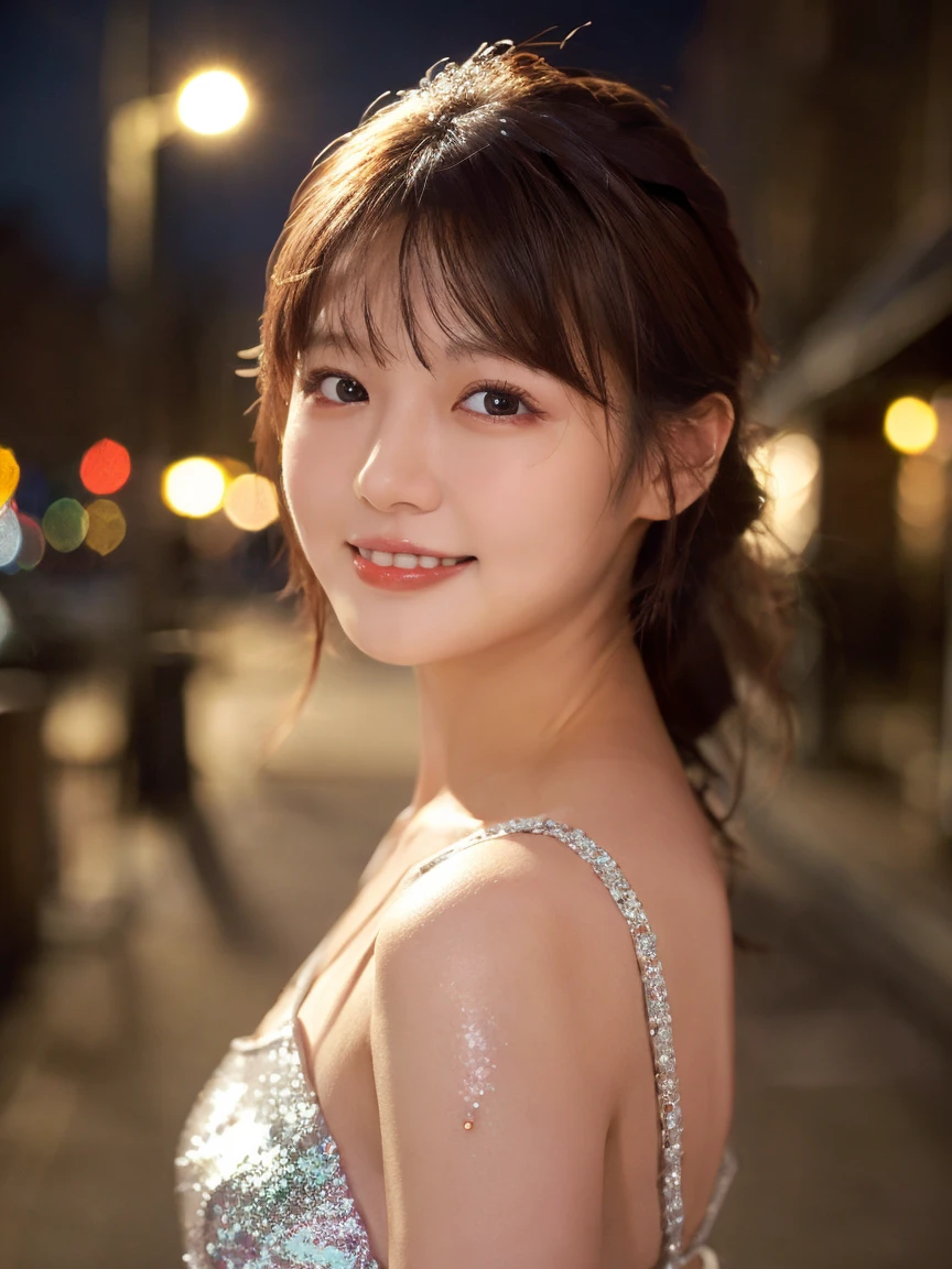 1 Girl, (Wearing a white glitter dress:1.2), (RAW Photos, Highest quality), (Realistic, Photorealistic:1.4), Tabletop, Very delicate and beautiful, Very detailed, 2k wallpaper, wonderful, finely, Very detailed CG Unity 8K wallpaper, Very detailedな, High resolution, Soft Light, Beautiful detailed girl, Very detailed目と顔, Beautiful and detailed nose, Finely beautiful eyes, Cinema Lighting, City lights at night, Perfect Anatomy, Slender body, smile