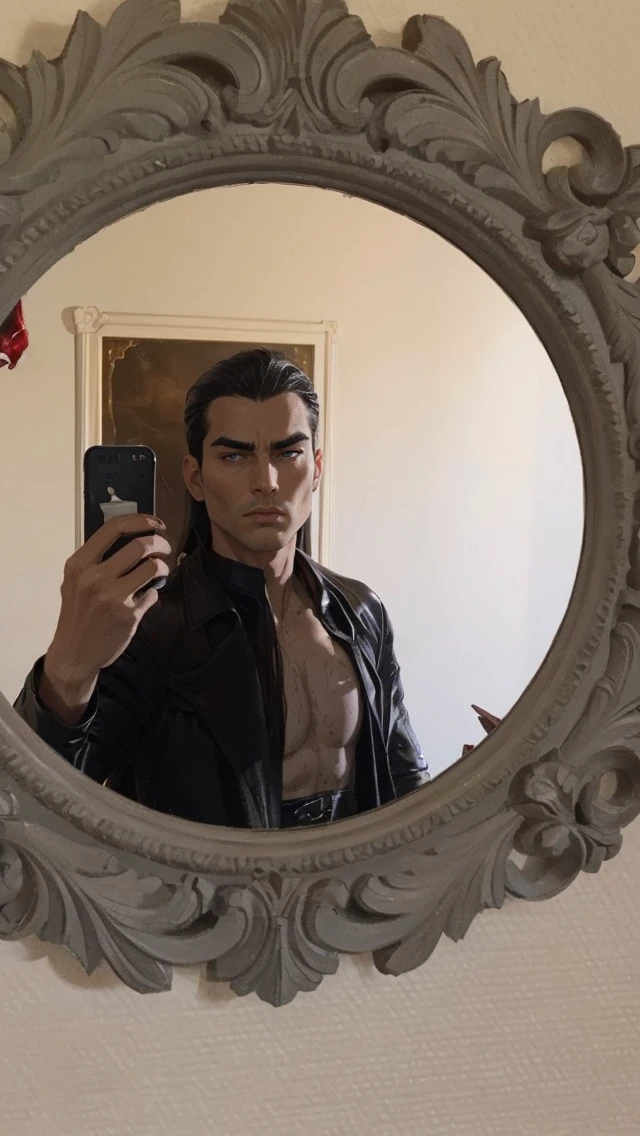 masterpiece, best quality:1.4), portrait Solo, male, man, young man, (((long hair))), ((dark eyes)), black hair, very long black hair ((black trench leather coat)), ((black suit))), an evil serious concentrated expression on his face, thin eyebrows, (red smoke everywhere)
