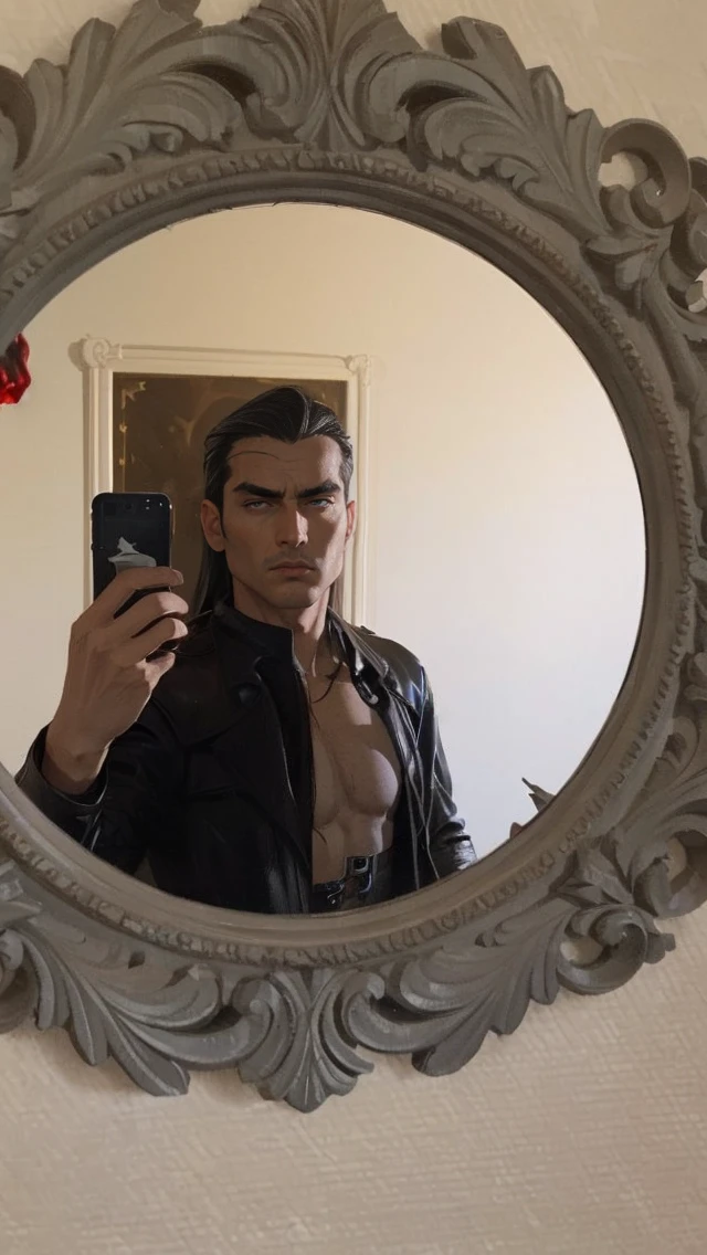 masterpiece, best quality:1.4), portrait Solo, male, man, young man, (((long hair))), ((dark eyes)), black hair, very long black hair ((black trench leather coat)), ((black suit))), an evil serious concentrated expression on his face, thin eyebrows, (red smoke everywhere)