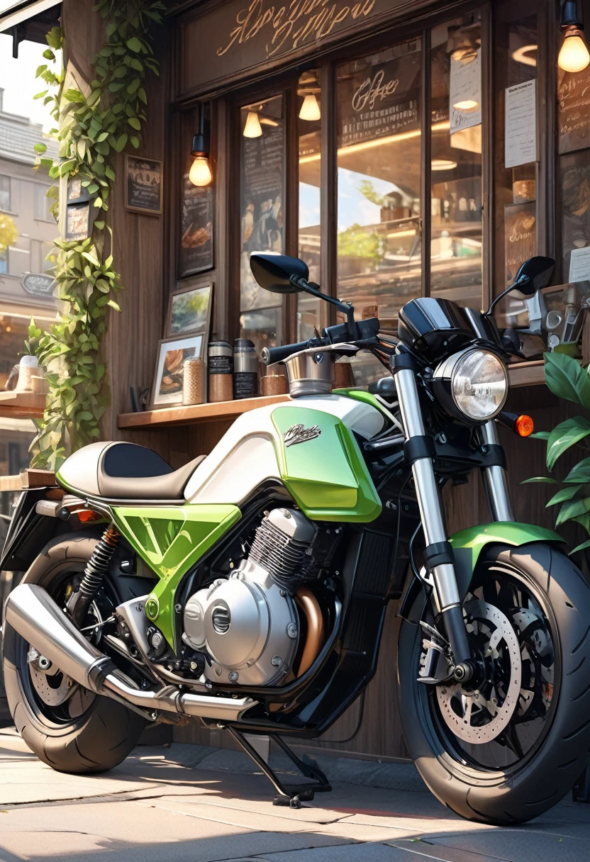 
                ( perfect anatomy )masterpiece, Beautiful detailed fresh and elegant aesthetic style airbrush digital oil painting beautiful artwork to create a fresh morning coffee shop scene photo，an electric motorcycle(Novel style，Unique)Closeup motorcycle( perfect anatomy ) Parked elegantly on the street next to the coffee shop.Coffee shop scene green plant masterpiece, Highly detailed, photo-realistic original photos, The best film quality, extremely delicate texture, high-quality works of art masters 
         

            

                