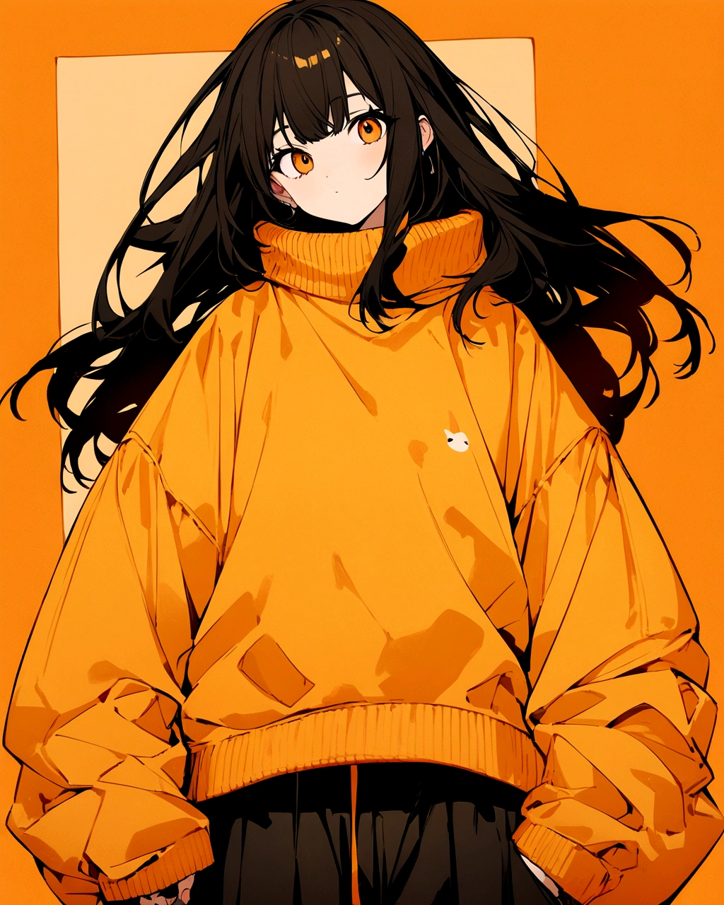 "Create an illustration of a single character wearing oversized clothes. The character should wear a yellow sweater and black pants. The background should be a solid orange color."