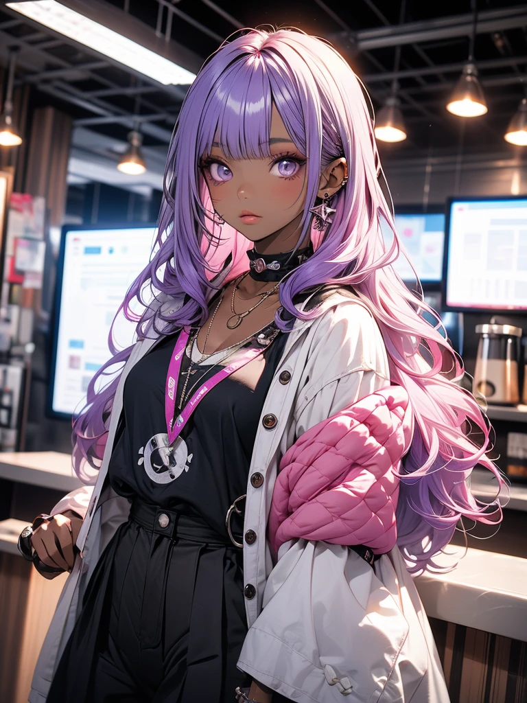 Futuristic Girl, Dark Skin, Purple eyes, space, Purple Hair, Blue Hair, Pink Hair, Long Hair, Dark Skin, Futuristic Coffee Shop