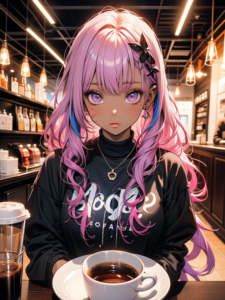 Futuristic Girl, Dark Skin, Purple eyes, space, Purple Hair, Blue Hair, Pink Hair, Long Hair, Dark Skin, Futuristic Coffee Shop