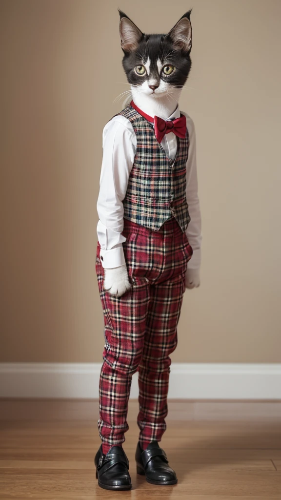 “A high-resolution, full-body shot of a kitten standing on its hind legs like a human. The kitten is wearing a tartan check vest, a red bow tie, and checkered pants. The kitten has short legs and is standing upright in a front-facing position. The image should capture the intricate details of the kitten’s fur.”