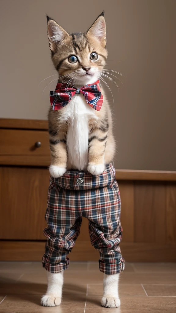 “A high-resolution, full-body shot of a kitten standing on its hind legs like a human. The kitten is wearing a tartan check vest, a red bow tie, and checkered pants. The kitten has short legs and is standing upright in a front-facing position. The image should capture the intricate details of the kitten’s fur.”