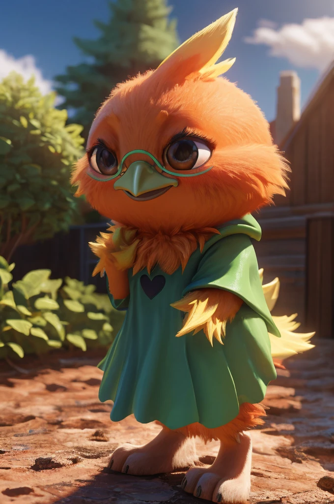 Female,Bird anthropomorphic,Torchic background, (cinematic lighting:1.1), (perfect focus:1.1), 8k hd, (detailed eyes:1.2),depth of field, bokeh, subsurface scattering, perfect breasts, wide ,((Ralsei Deltarune clothing, posing semi naked touching her chest )),bright colors, (furry detail:1.3),detailed background, realistic, photorealistic, ultra realistic,in his garden  , natural landscape,dry trees, thorns , sky, clouds,realistic, photorealistic ,blushing mischievous smile ,(fluffy:1.3), furry, buff, (realistic fur:1.1), (extreme fur detail:1.2),((light orange fur)),(Black pupil, brown eyes,pixar style eyes)Torchic Tail, 3d pixar legs,sexy body.