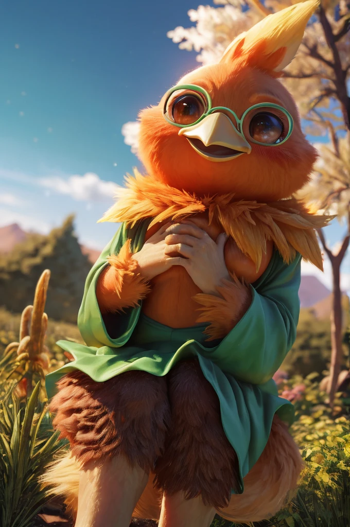 Female,Bird anthropomorphic,Torchic background, (cinematic lighting:1.1), (perfect focus:1.1), 8k hd, (detailed eyes:1.2),depth of field, bokeh, subsurface scattering, perfect breasts, wide ,((Ralsei Deltarune clothing, posing semi naked touching her chest )),bright colors, (furry detail:1.3),detailed background, realistic, photorealistic, ultra realistic,in his garden  , natural landscape,dry trees, thorns , sky, clouds,realistic, photorealistic ,blushing mischievous smile ,(fluffy:1.3), furry, buff, (realistic fur:1.1), (extreme fur detail:1.2),((light orange fur)),(Black pupil, brown eyes,pixar style eyes)Torchic Tail, 3d pixar legs,sexy body.