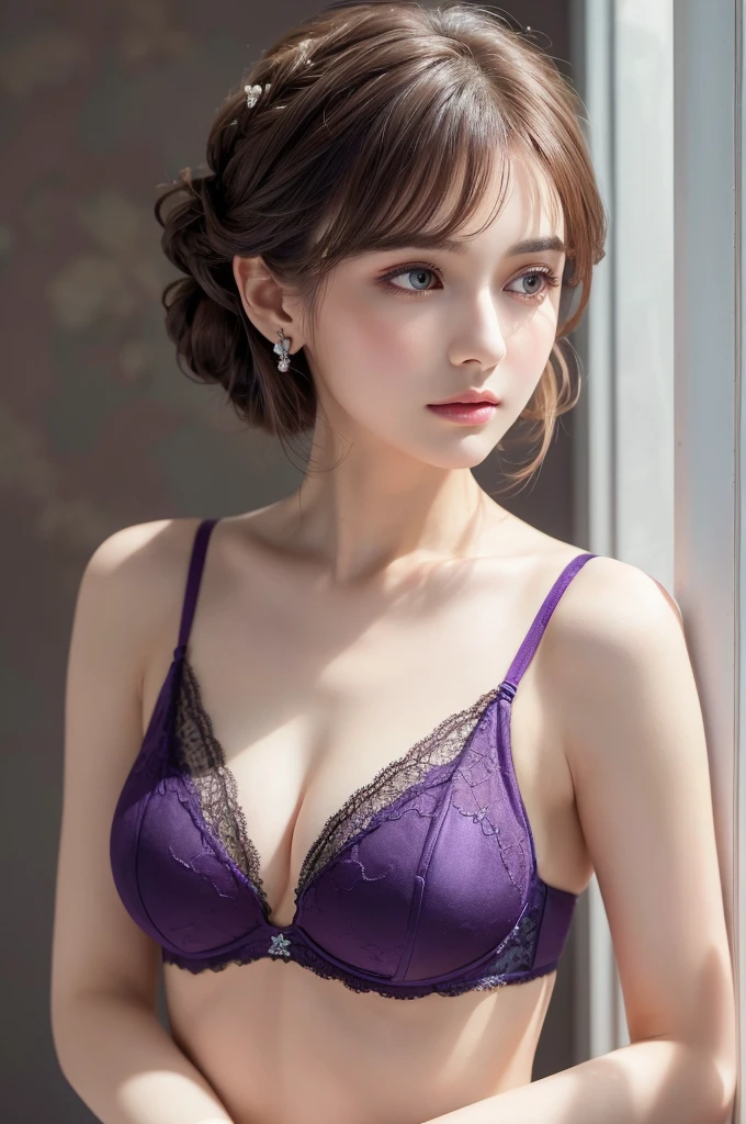 darkpurple lace bra, (((Very elegant and beautiful, Perfect detail, Super detailed))), whole body, The most detailed girl, Depth of written boundary, 美しく詳細なwhole body, Thin legs, 1 girl, 30 years old, Very short hair, Spiked Hair, Gray and silver hair, Beautiful detailed hair, Perfect Face, Expressionless, Beautifully detailed deep eyes, Open your mouth a little, Delicate arms and hands, Pale skin, Earrings, Beautiful and gorgeous necklace, Colorful background, HD background, Blurred Background, Very delicate and beautiful, Masterpiece, (((Highest quality, Very beautiful 8K CG wallpaper))), (((Trendy hairstyles))), (Inside the room,Stylish interior,window),