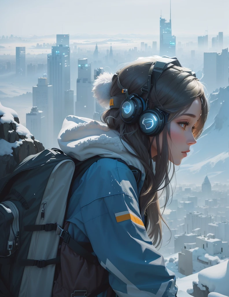 There is a woman standing on a snowy mountain with a backpack, Back to,Wearing headphones,Overlooking the city, Over the city, Bastien Grieve, cold, User Photos, Available images, jessica rossier color scheme, Backlit shot of a girl wearing a parka, Looking at the city, Inspired by Jessica Rossier, Girl standing on the mountain, , Overlooking the modern city