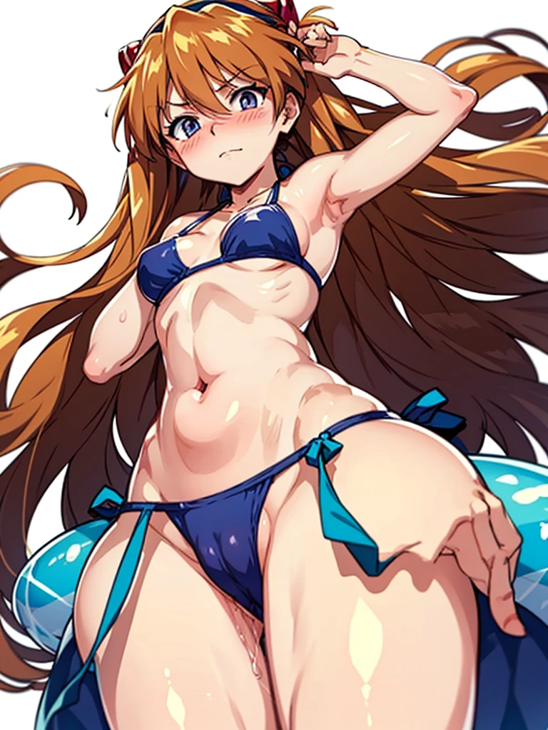 a very beautiful animated cartoon of an anime girl in underwear and swimsuit, 1girl, solo, swimsuit, bikini, from below, multicolored hair, blush, long hair, pussy juice, navel, white background, small breasts, looking at viewer, breasts, simple background, cameltoe, hairband