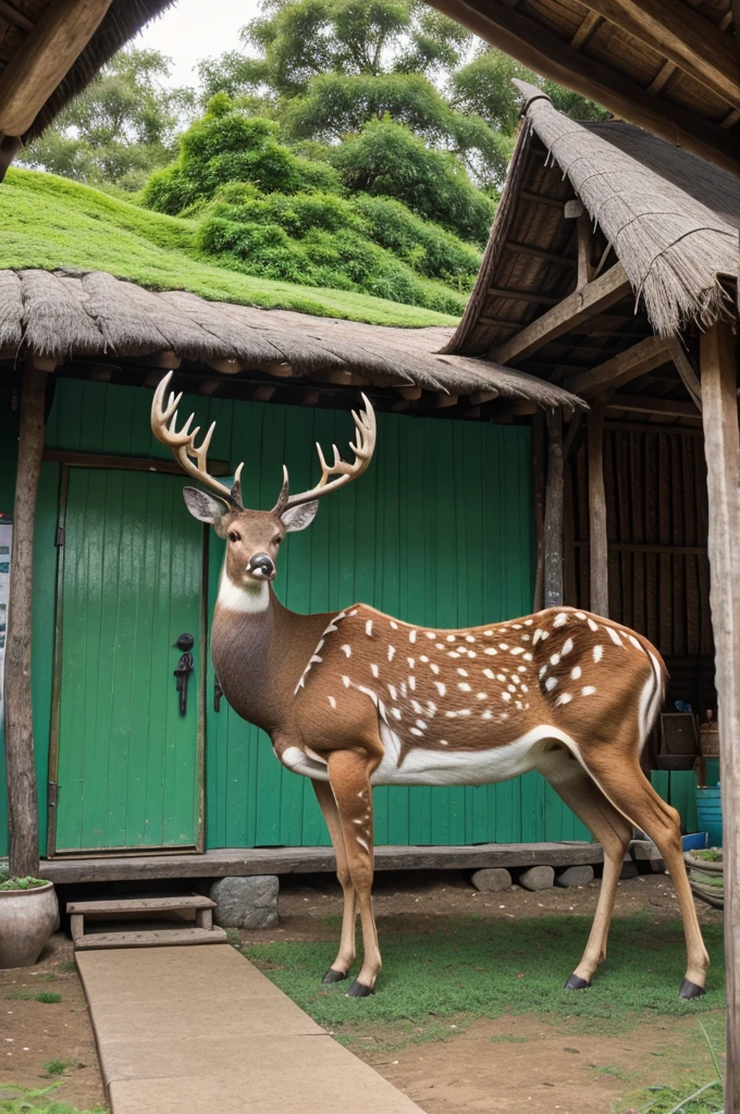 A colorful figure of a large deer made entirely of different vegetables and fruits sits in front of a rustic thatched-roof hut with green door and window trim. A leans against the deer, smiling. The background shows green hills and various vegetables displayed decoratively around the hut.