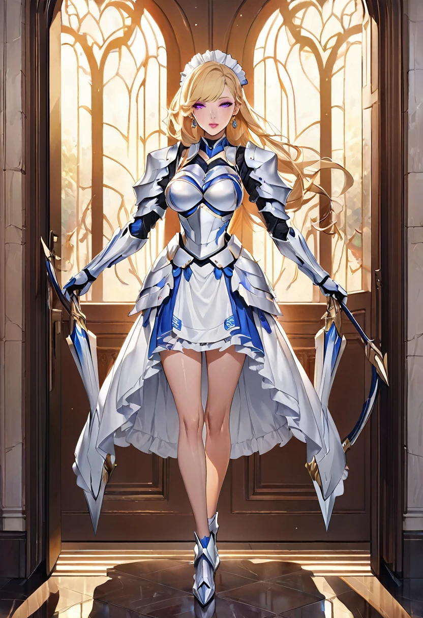 masterpiece、Highest quality、Ultra-high resolution、Maximum resolution、Very detailed、Professional Lighting、anime、Adult female、thin、so beautiful、Beautiful Face、Maid Skirt、((Blue and white armor))、Shiny Armor、Holding a bow、Gold earrings、blonde、Purple eyes、Pink Lips、In front of the entrance、Long Shot、Full Body