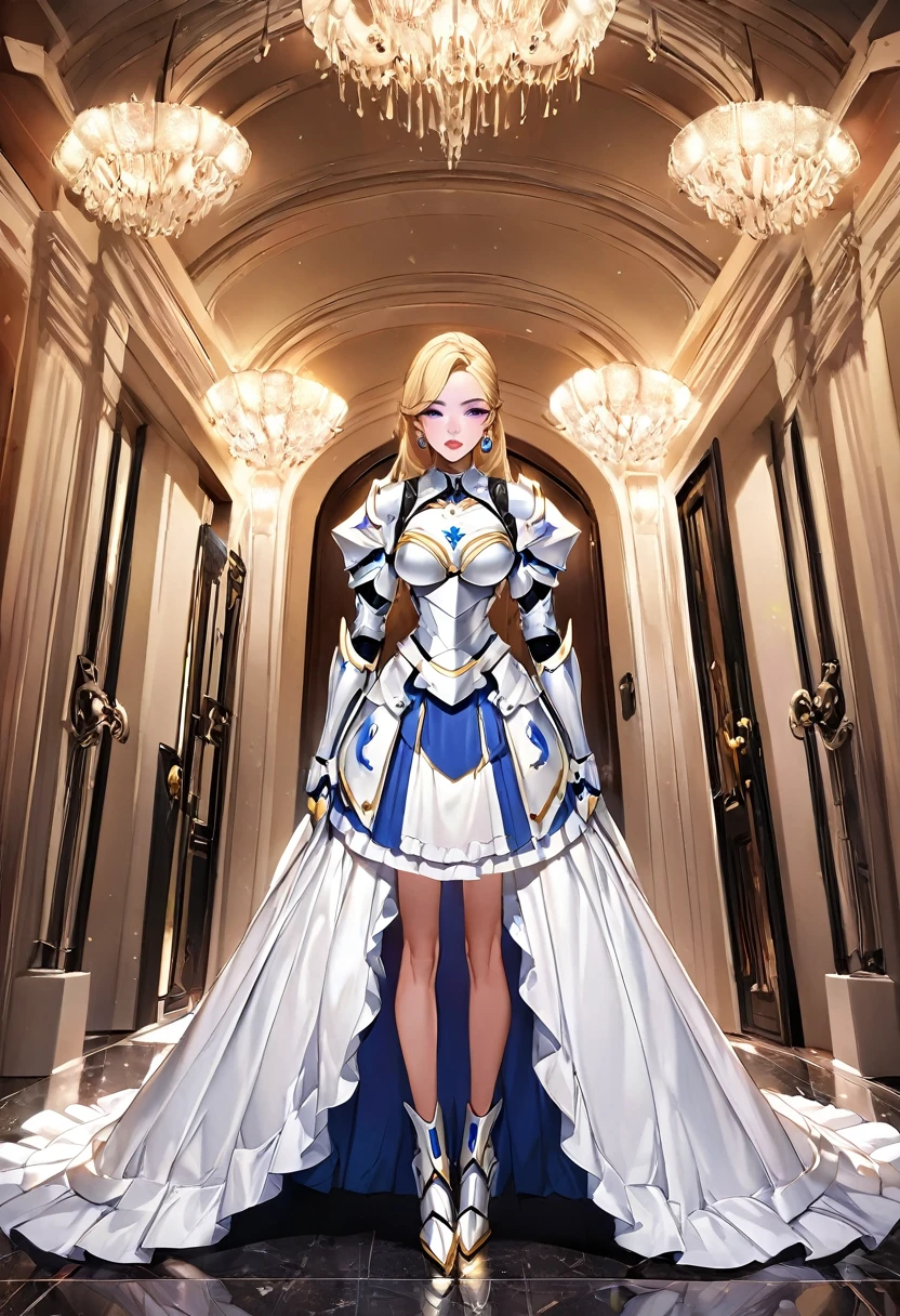 masterpiece、Highest quality、Ultra-high resolution、Maximum resolution、Very detailed、Professional Lighting、anime、Adult female、thin、so beautiful、Beautiful Face、Maid Skirt、((Blue and white armor))、Shiny Armor、Holding a bow、Gold earrings、blonde、Purple eyes、Pink Lips、In front of the entrance、Long Shot、Full Body