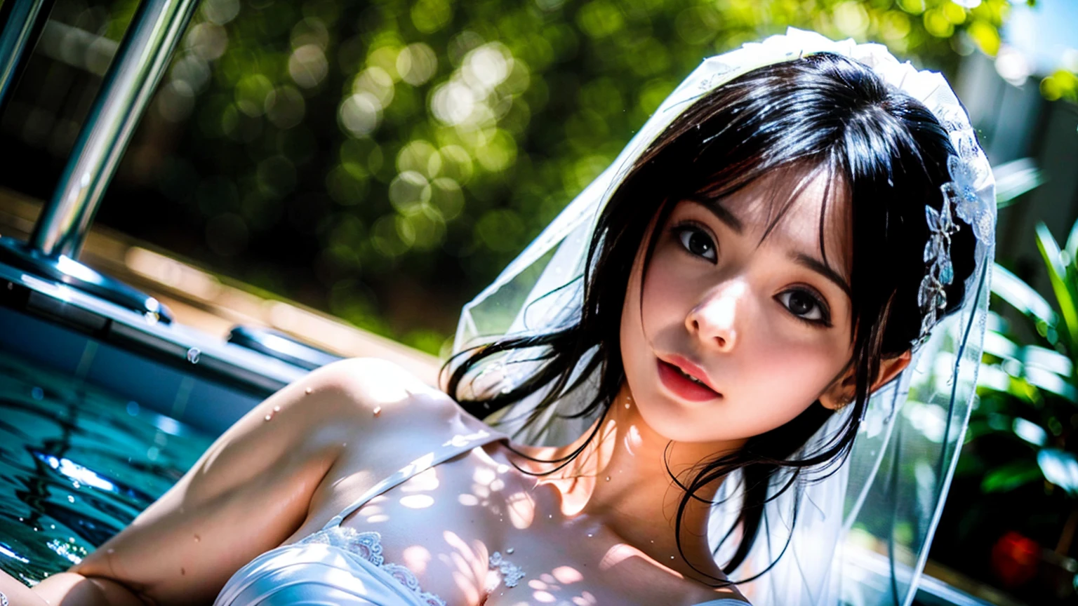 Looking up, 8k, masterpiece, Most detailed, Highest quality, bath, create a sense of fit, Cute Girls,Side Tail, (Wet),moonlight,((wedding)),pubic hair,Veil,(((bride))),Show off,(buffy nipples),love juice,Ecstatic expression,Stripped clothes,Outdoor,White lace,Nipples,illumination,Ample breasts,Hime cut