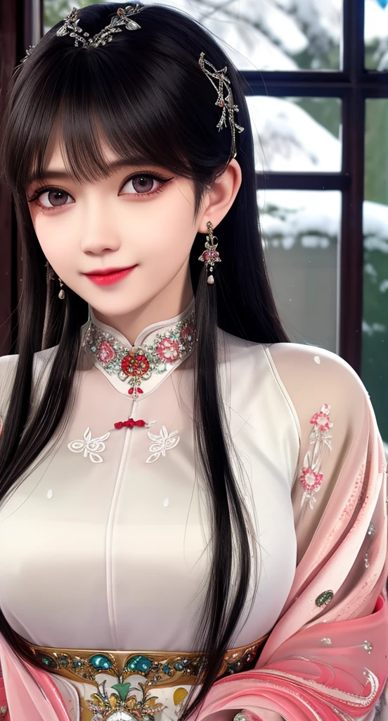 best qualityer，8K， masterpiece， A high resolution， 1girll， Clear silk see through porcelain dress， Fur coat， hair adornments， smile， Keep one's mouth shut， parted lips，Large breasts，Shoulder， shift see through dresses， hair adornments， choker necklace， jewely， Chinese outfit， long whitr hair， 耳Nipple Ring， Detailed beautiful eyes， detailed eyelashes， beautiful  favr,after sexing Body， Tyndall effect，realisticlying， edge lit， two tone lighting，（highdetailskin：1.2）， 8K, Ultra HD， digital SLR camera， gentle illumination， high high quality， Volumetric lighting， Frankness， photore， A high resolution， Bokeh， at a forest， Falling snow， Winters， in the afternoon